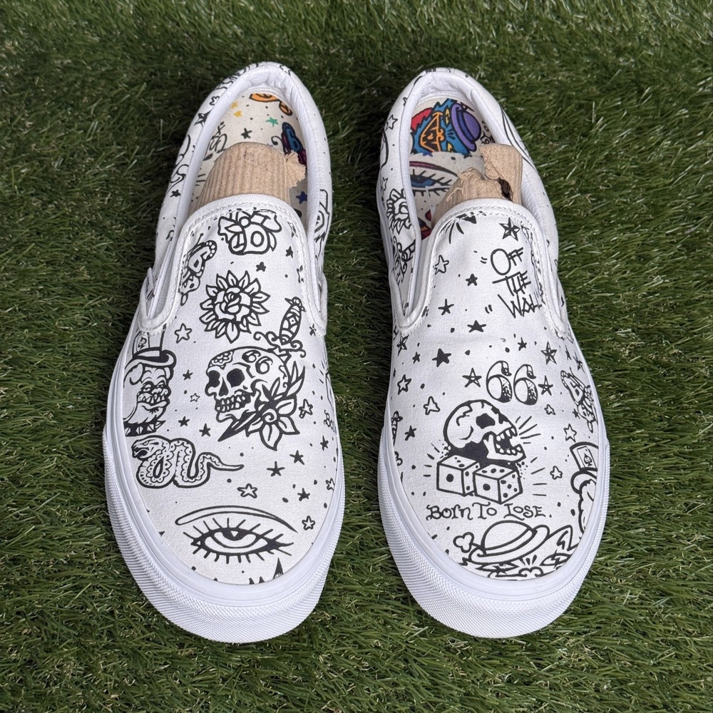 Vans Classic Slip On Tattoo Flash Print White Black Skate Shoes Mens 10.5